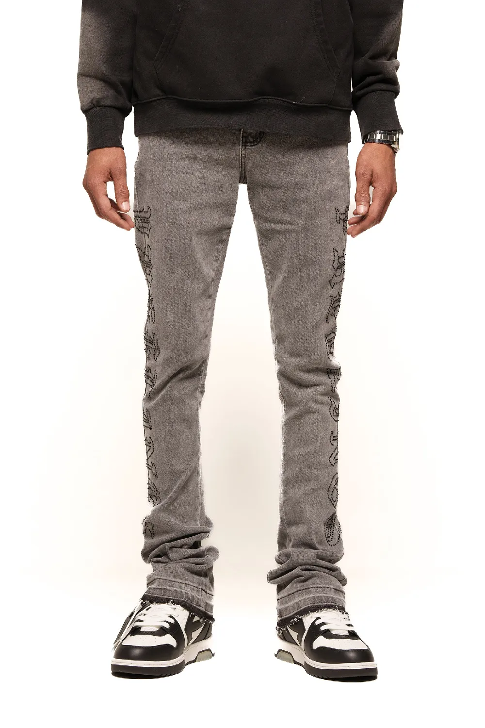 "RISING ABOVE" RHINESTONE FLARE STACK DENIM (CHARCOAL GREY)