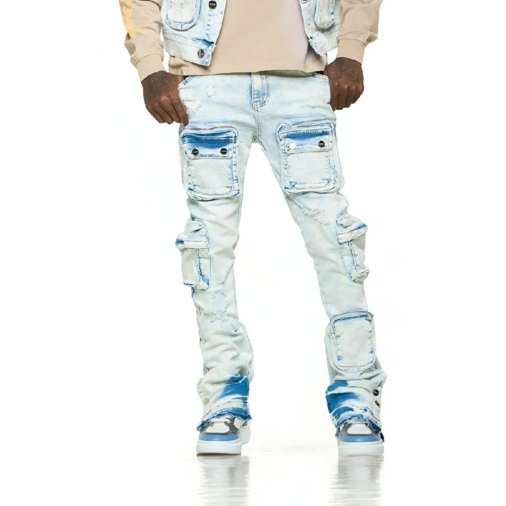 "JOURNEY TO GREATNESS" CARGO FLARE STACK DENIM (LIGHT BLUE)