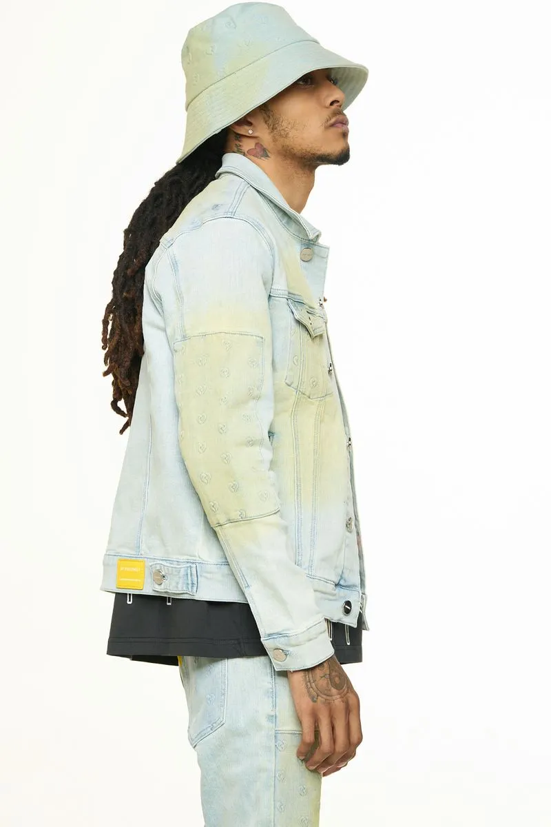 "MENDING HEARTS" EMBOSSED DENIM JACKET (LIGHT BLUE/SAND) - 3