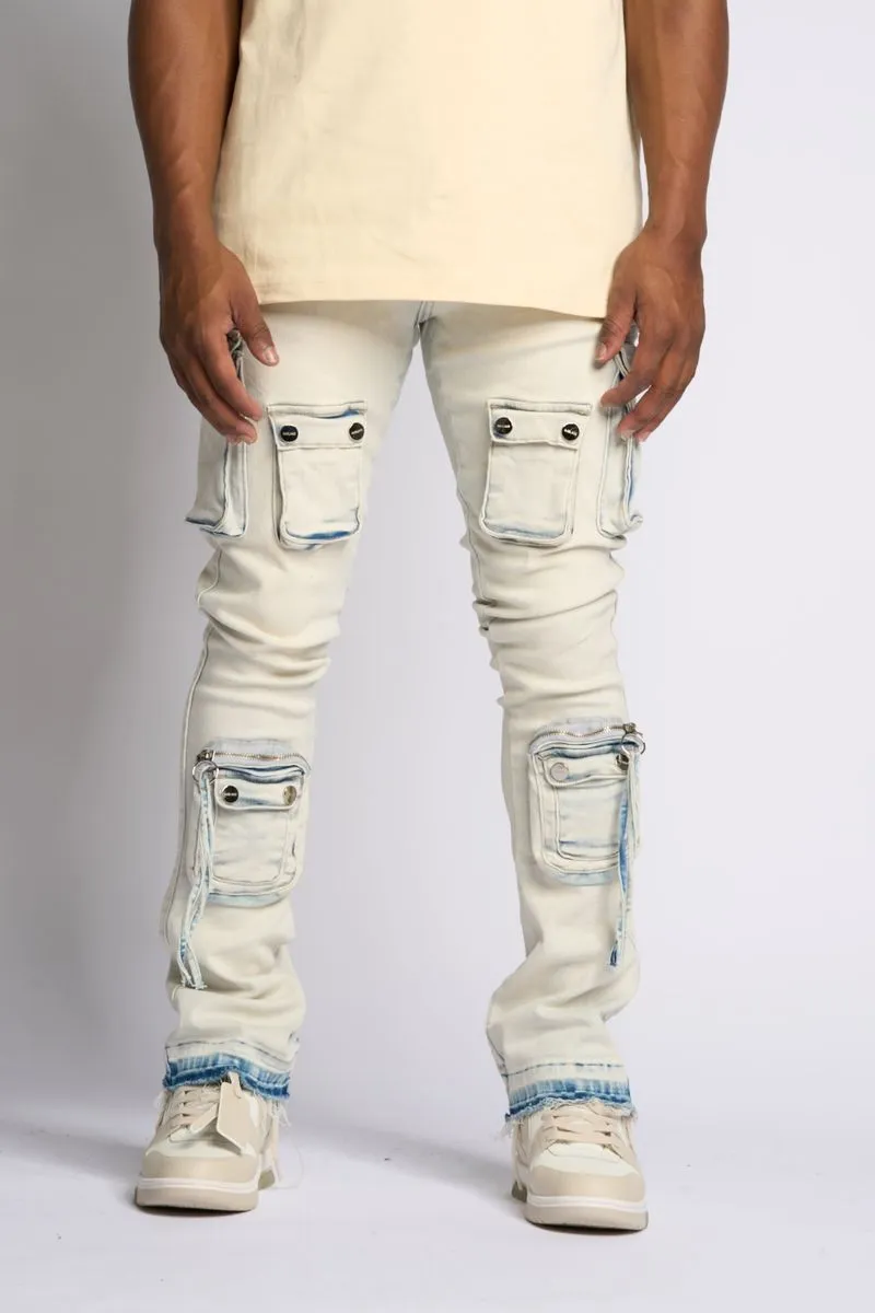 PHEELING ALONE STACK CARGO DENIM (LIGHT BLUE)