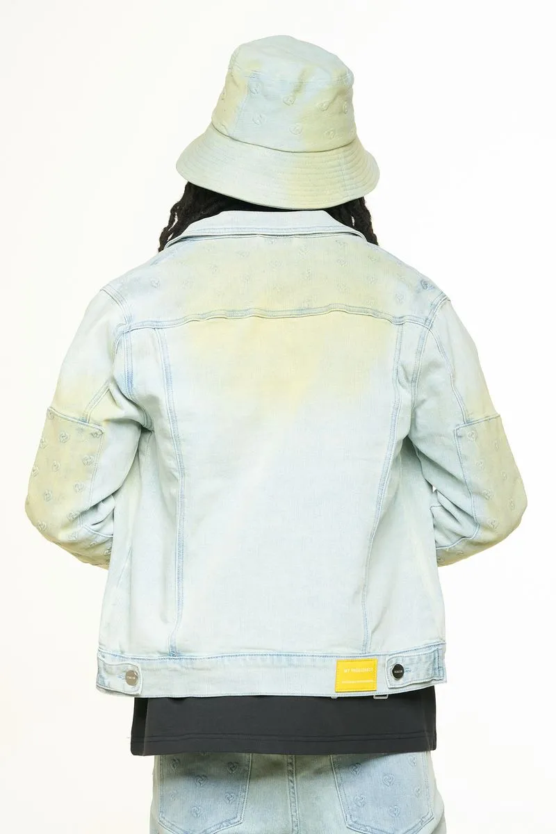 "MENDING HEARTS" EMBOSSED DENIM JACKET (LIGHT BLUE/SAND) - 5