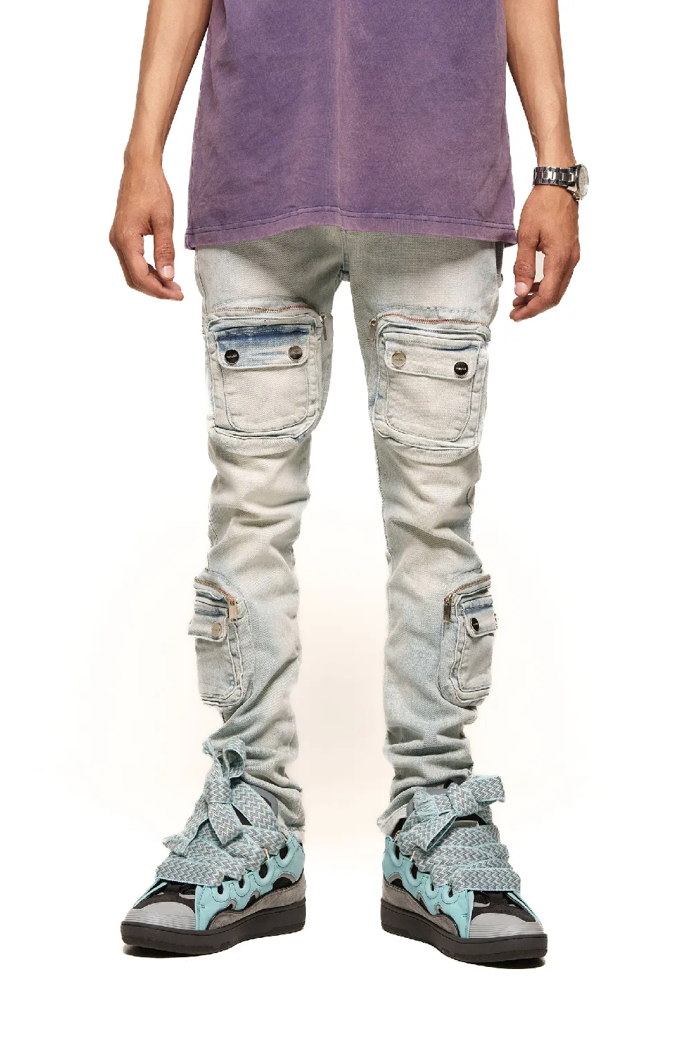 "TIME DON'T WAIT" CARGO SKINNY DENIM (LIGHT BLUE)