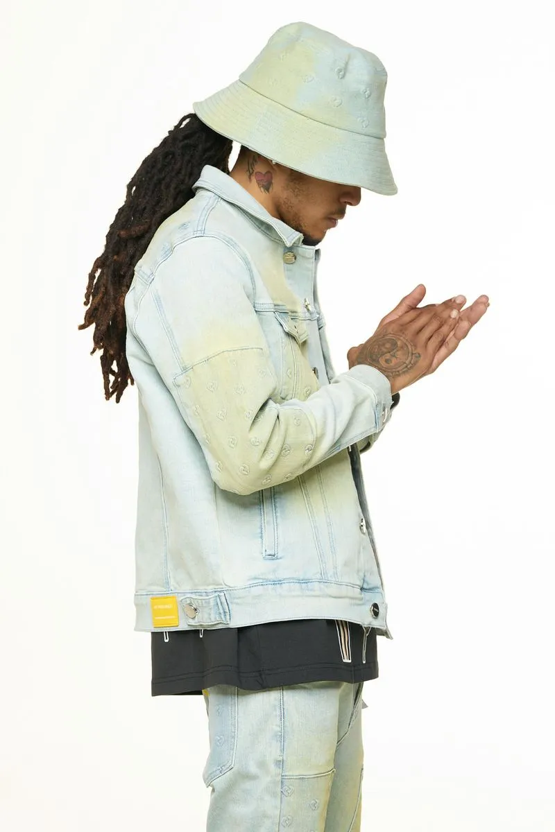 "MENDING HEARTS" EMBOSSED DENIM JACKET (LIGHT BLUE/SAND) - 4