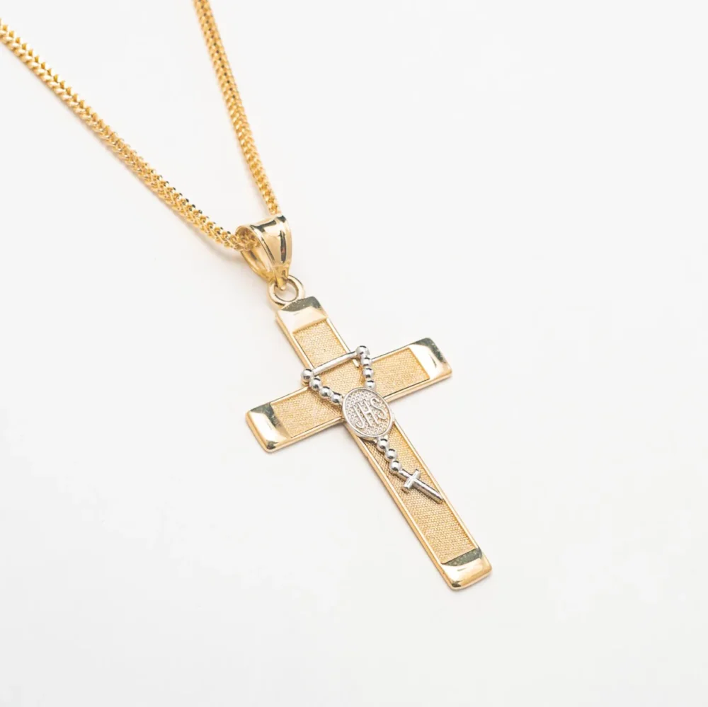 10K Solid Gold Rosary Cross Necklace