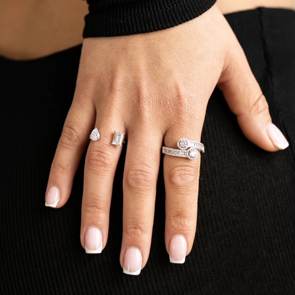 Left Silver Crystal Love Cuff Ring