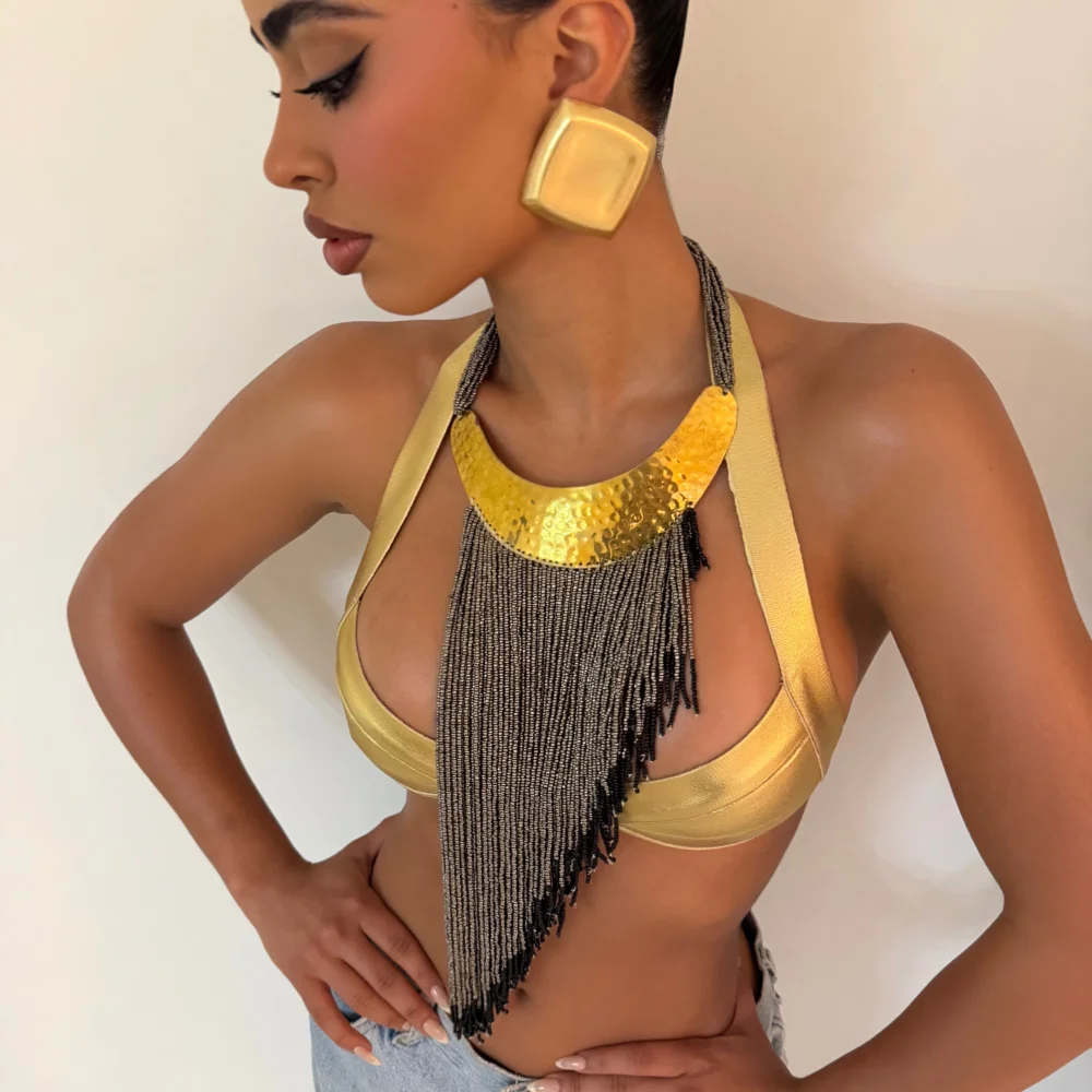 Gold Choker Drop Beaded Necklace