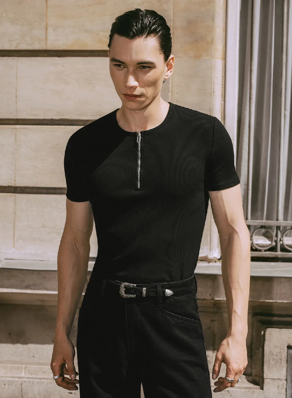 Black Ribbed Cotton Henley Zip T-Shirt