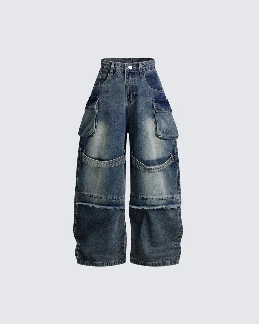 New Utility Strap Cargo Wide Denim Pants
