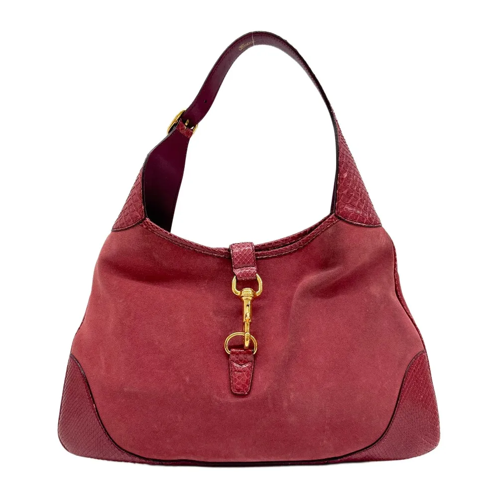 Jackie Python Embossed Leather Trim Red Suede Shoulder Bag
