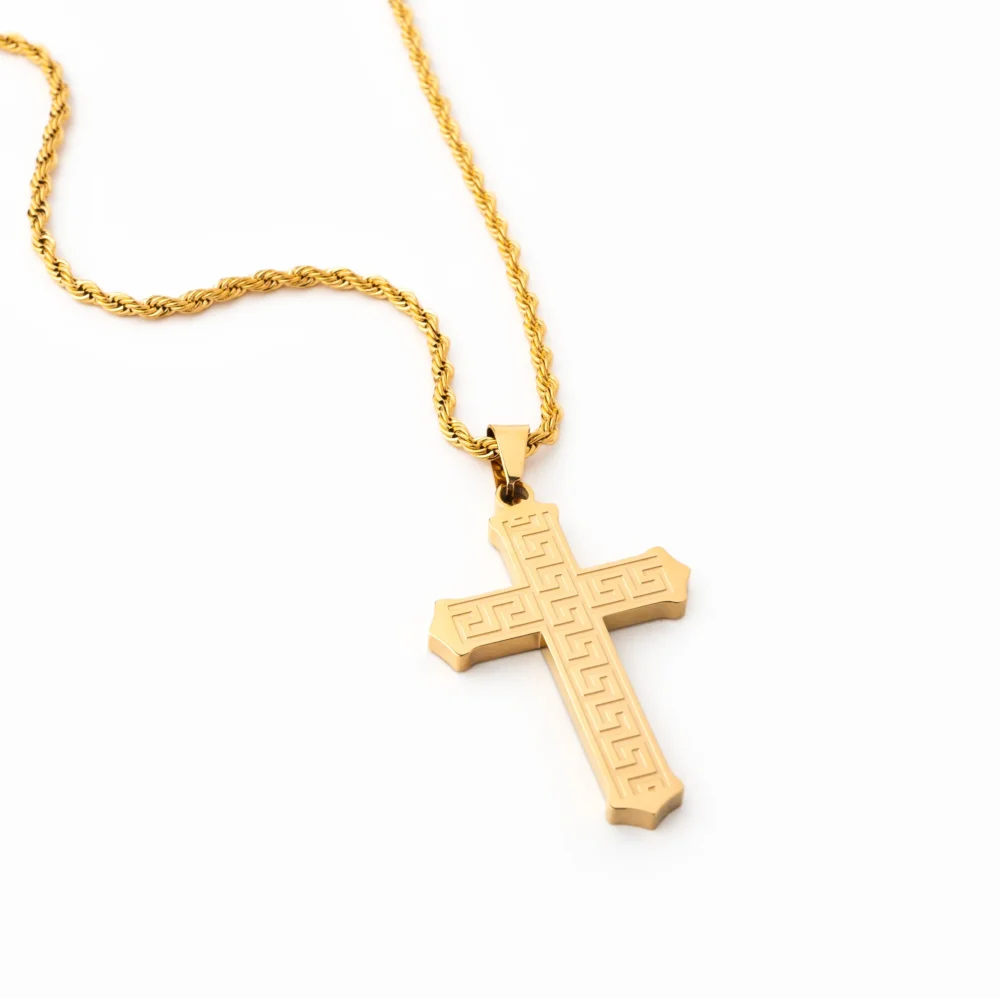 Greek Key Cross Pendant Necklace - 18k Gold Plated