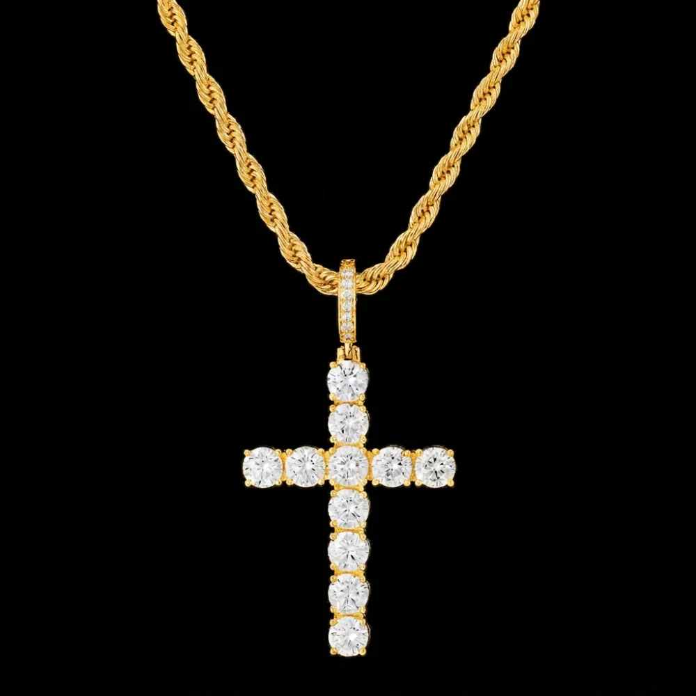 SAINT 18K Gold Plated CZ Cross Pendant Necklace