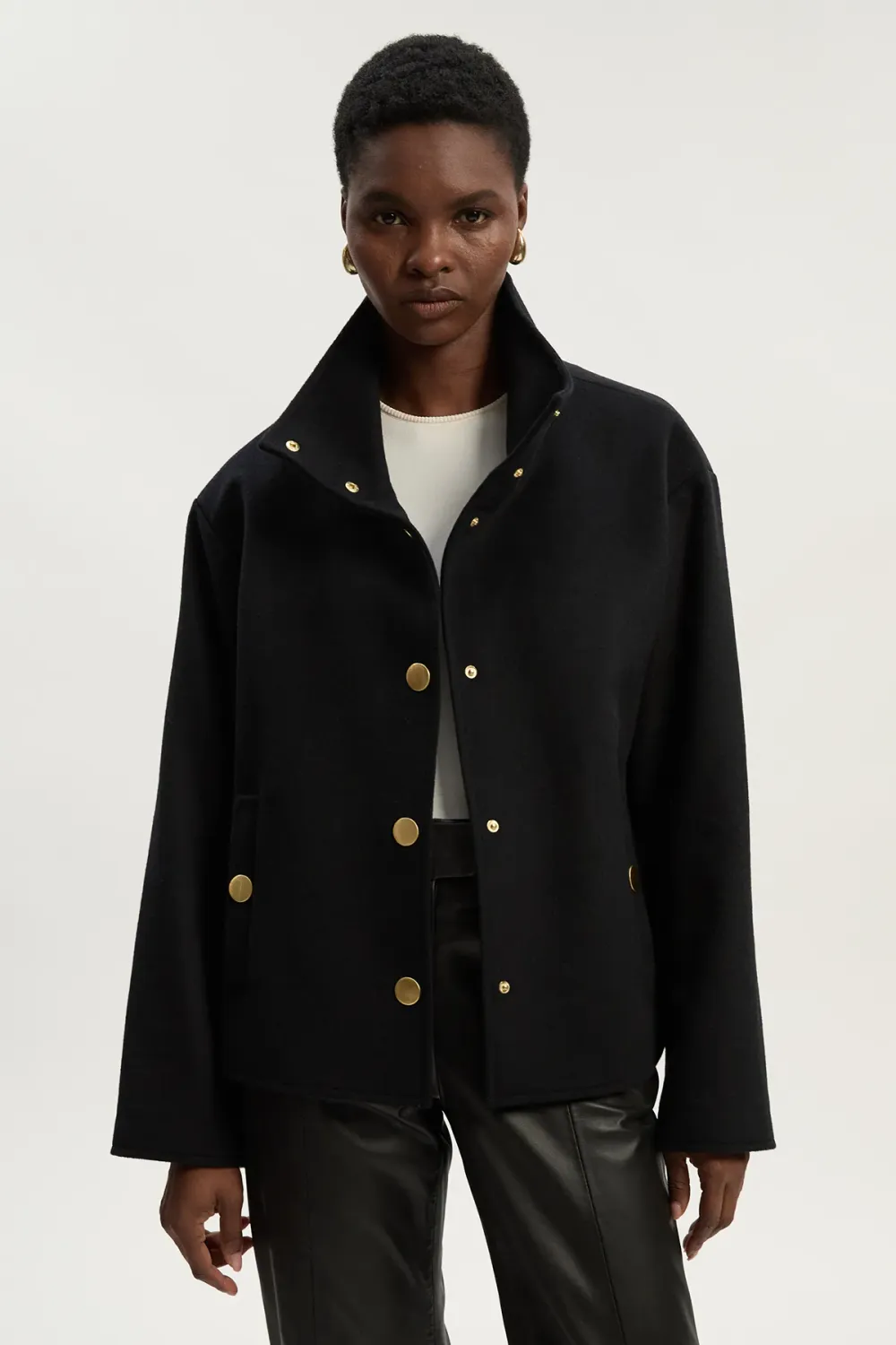 Brushed Wool Funnel Neck Tailored Short Coat