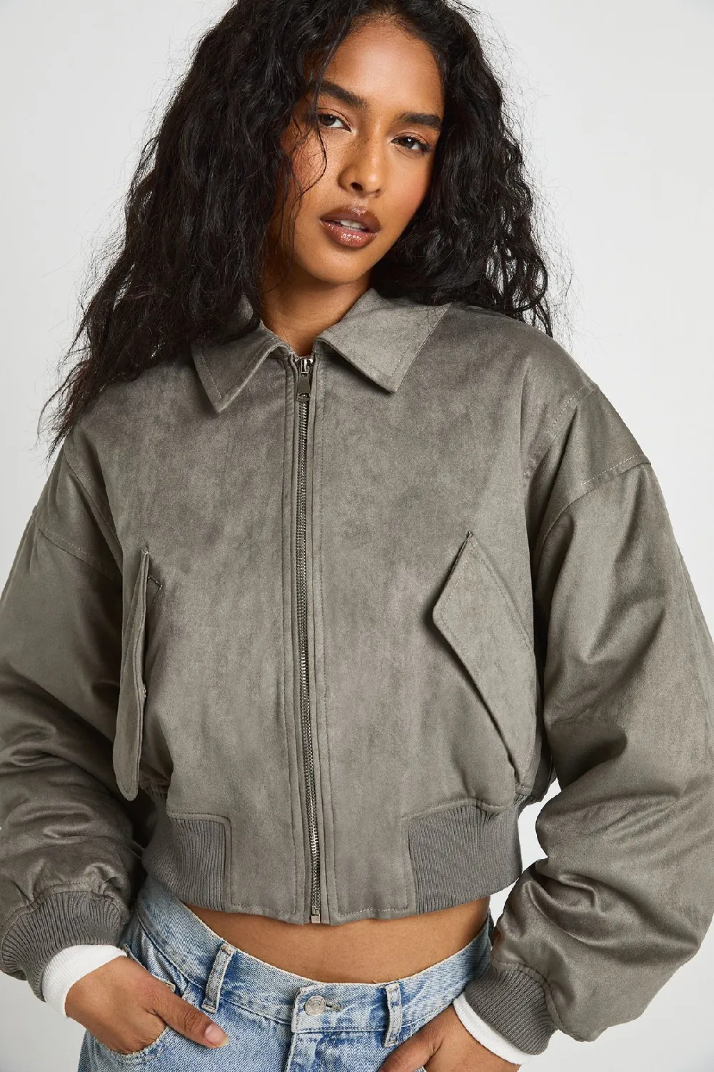Faux Suede Bomber Jacket