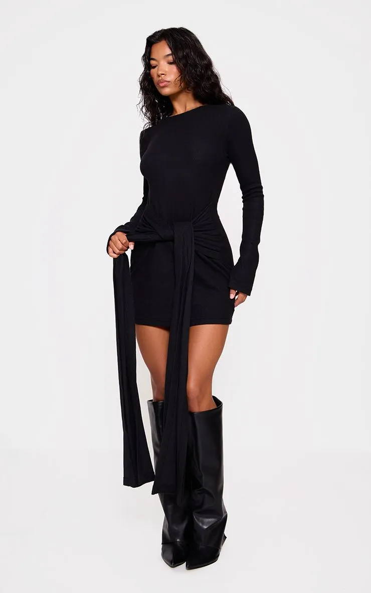 Heavy Brushed Rib Wrap Tie Bodycon Dress
