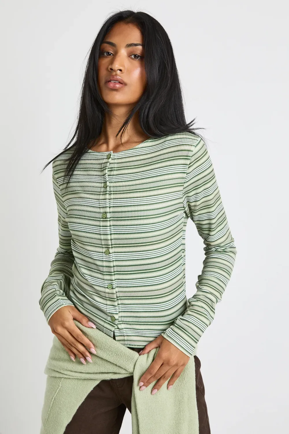 Striped Rib Button Through Long Sleeve Top