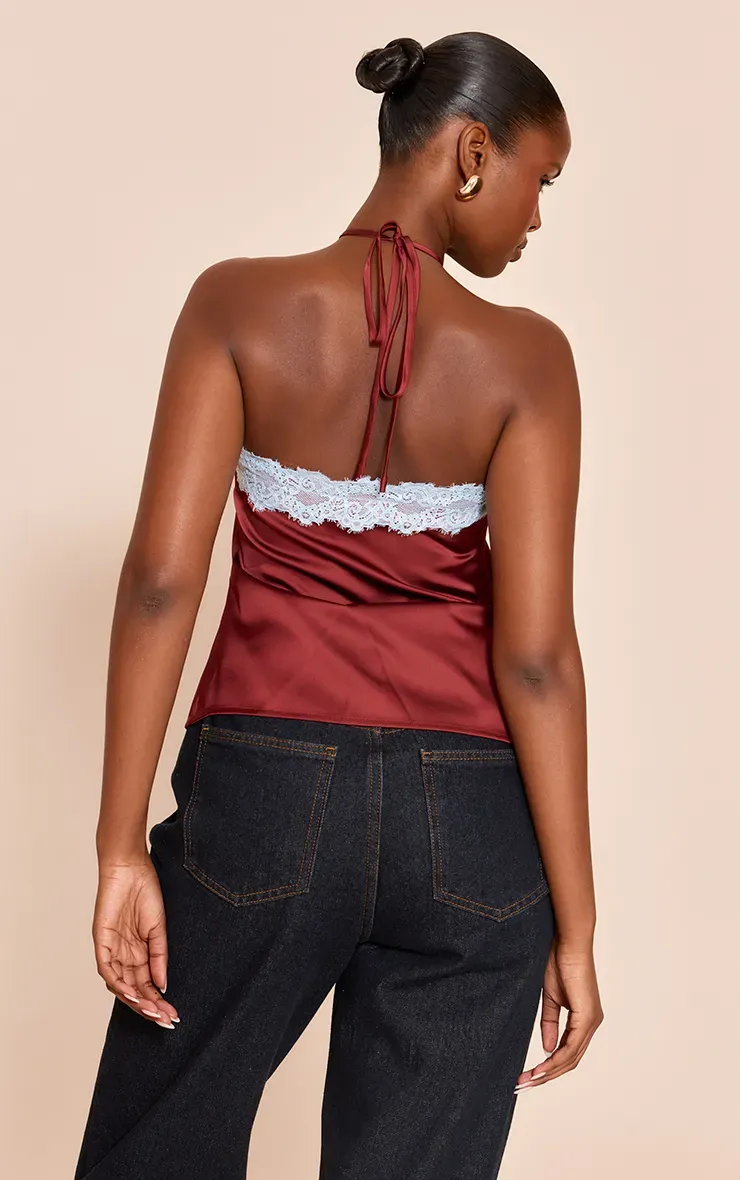Satin Lace Trim Halterneck Cami Top - 2