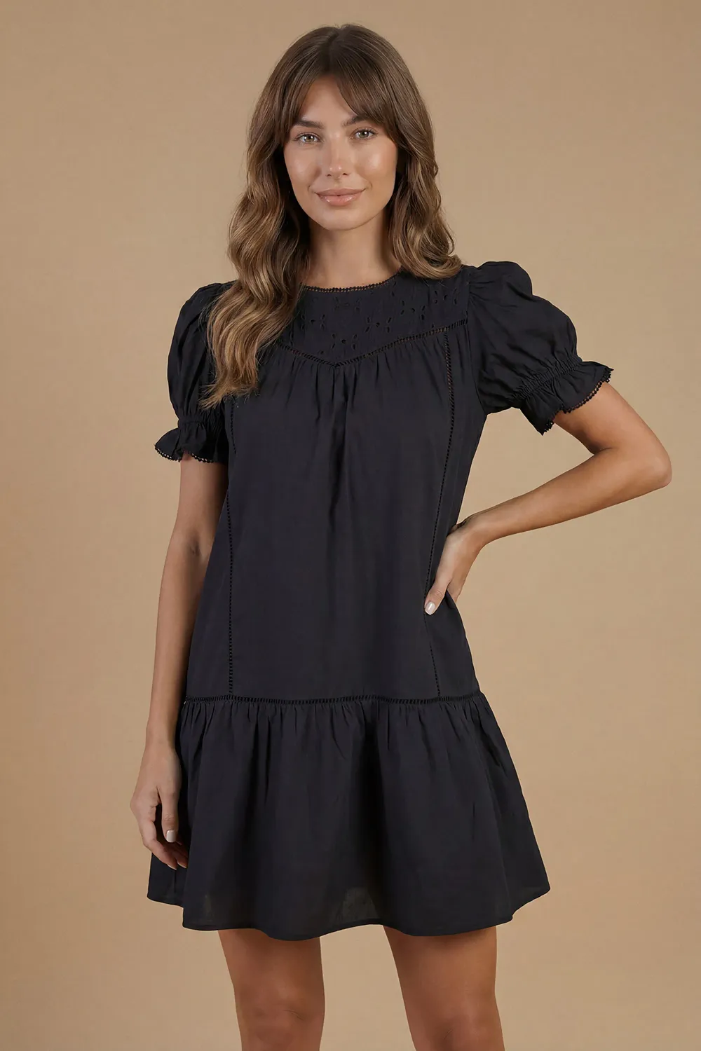 Broderie Lace Trim Detail Puff Sleeve Mini Dress - 4