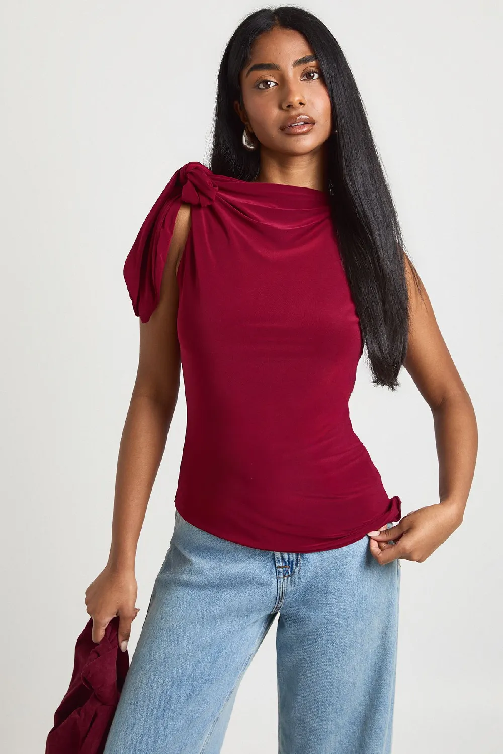 Matte Slinky High Neck Tie Shoulder Top