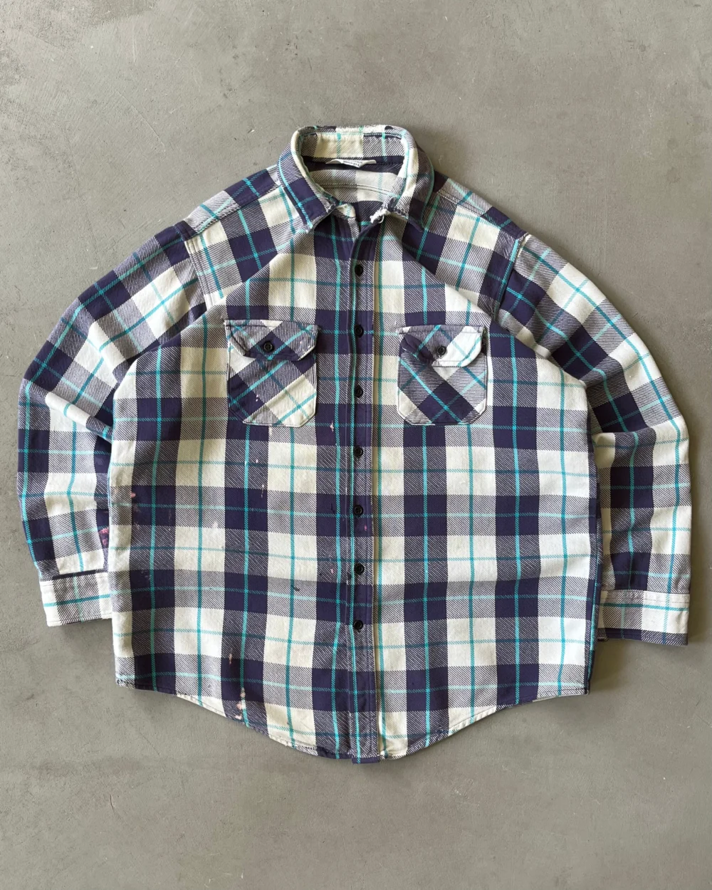 1980s - Distressed Purple/Blue Plaid Flannel - XL