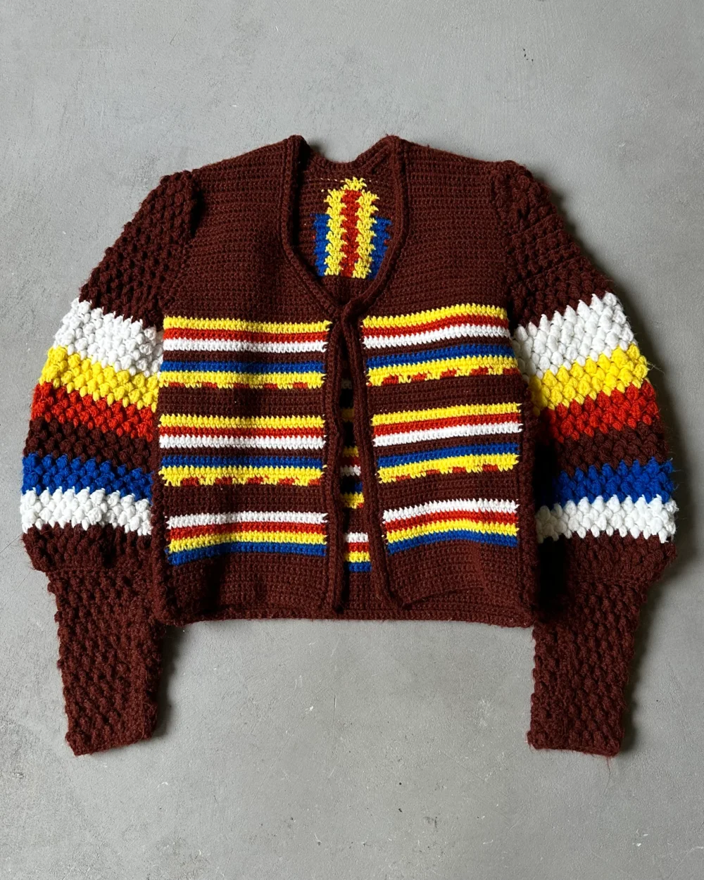 1970s - Brown/Yellow Hand Knit Women's Cardigan - (W)S