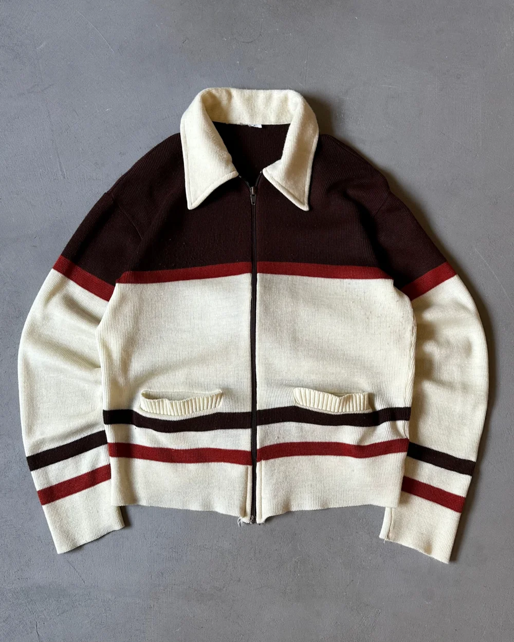 1970s - Cream/Brown Knitted Zip Up Sweater - S/M