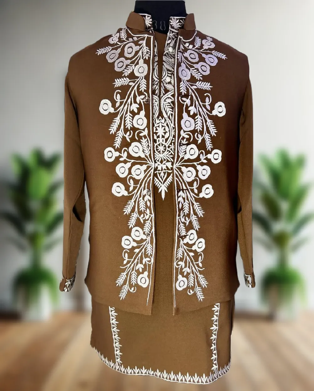 Men’s Exclusive Designer Luxury Thread Embroidered Kurta Pajama with Open Jacket – Royal Ethnic Occasion Wear by Faisaloutfits - Faisal Outfits