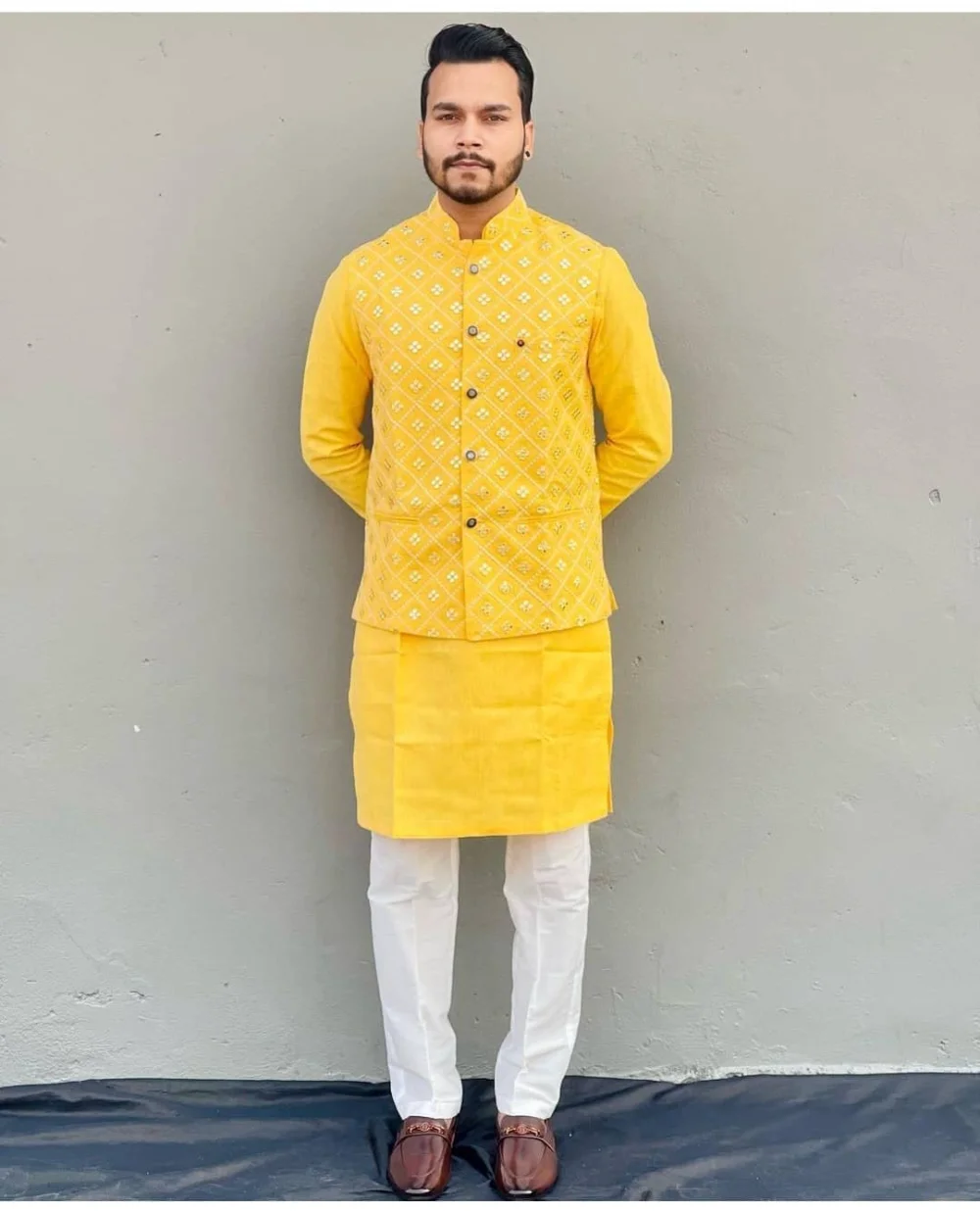 Trendding Design Haldi Special Kurta Pajama With Nehru Jacket Set - Faisal Outfits