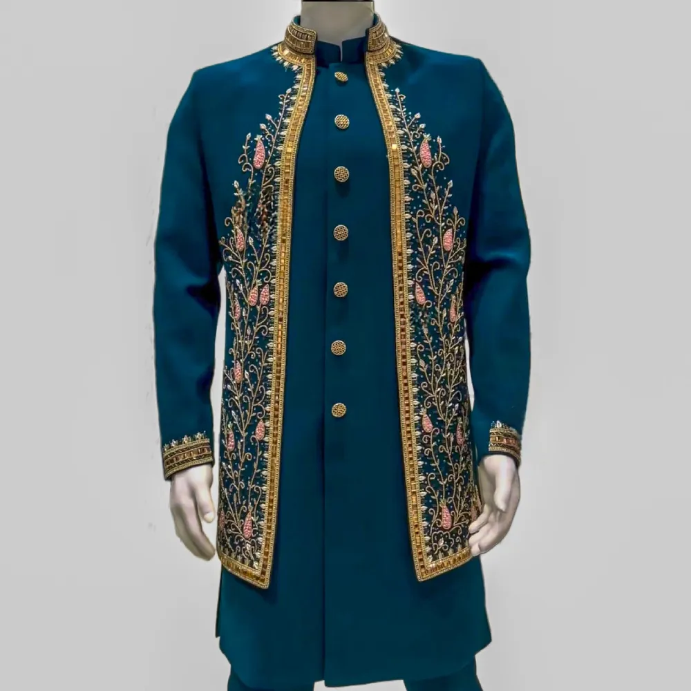 Men’s Exclusive Most Trending Designer Luxury Handcrafted Open Shrug Sherwani Set – Premium Wedding & Festive Ethnic Wear by Faisaloutfits - Faisal Outfits