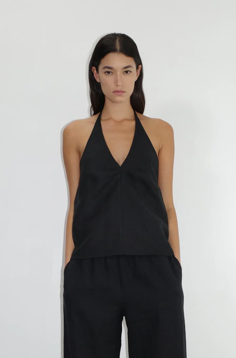 Linen Pinched Halter Top - Black