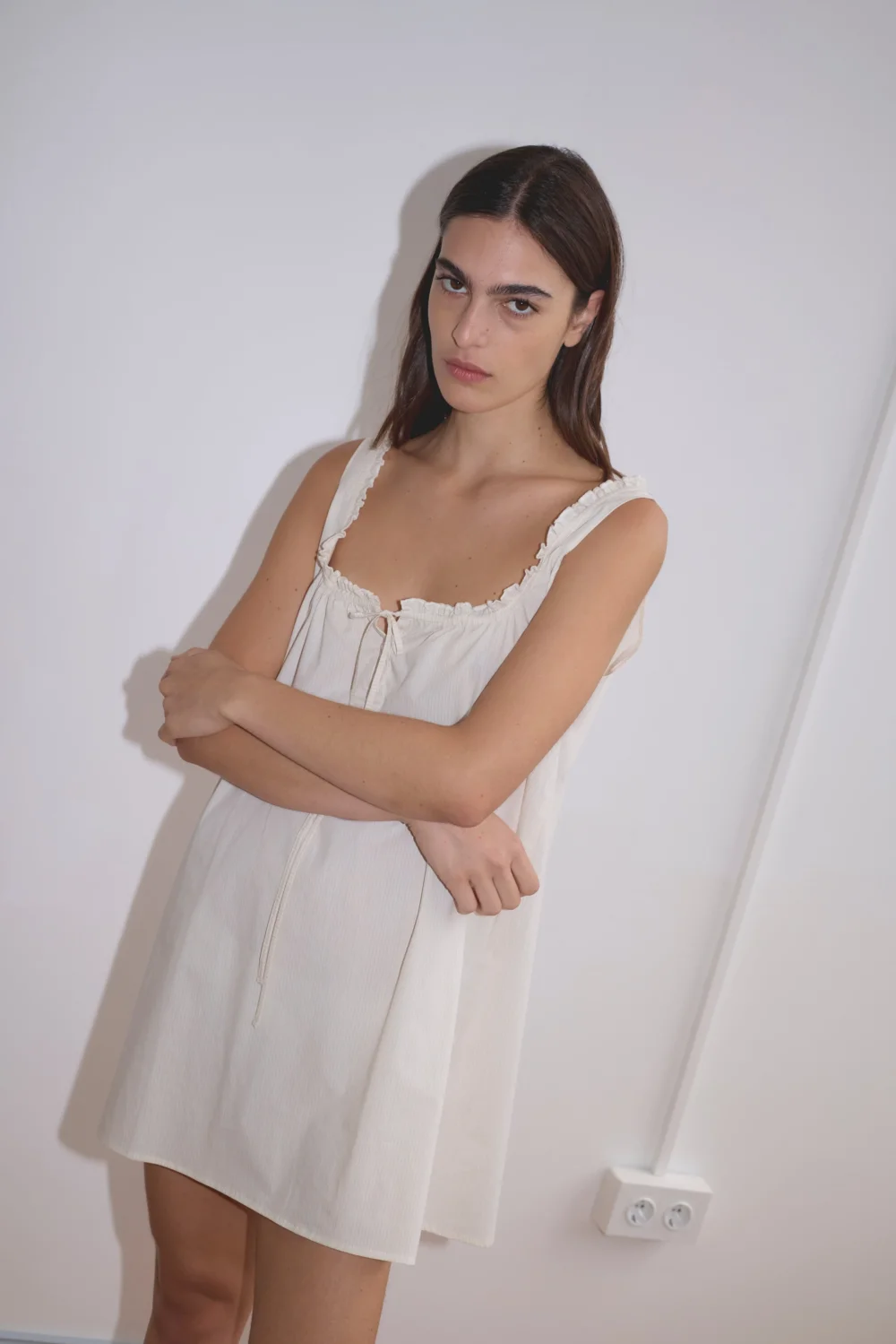 Button Frill Mini Dress - Stone Stripe - 2