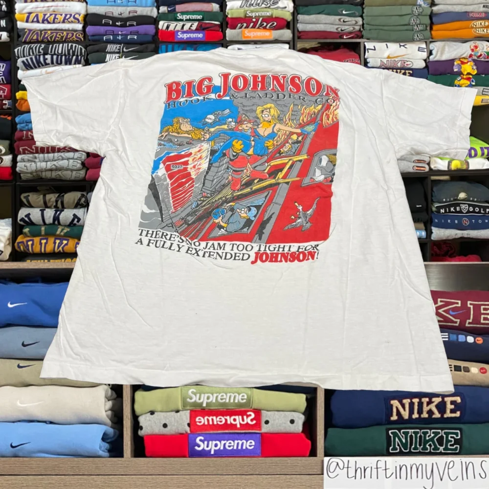 90s big Johnson sex humor firefighter shirt