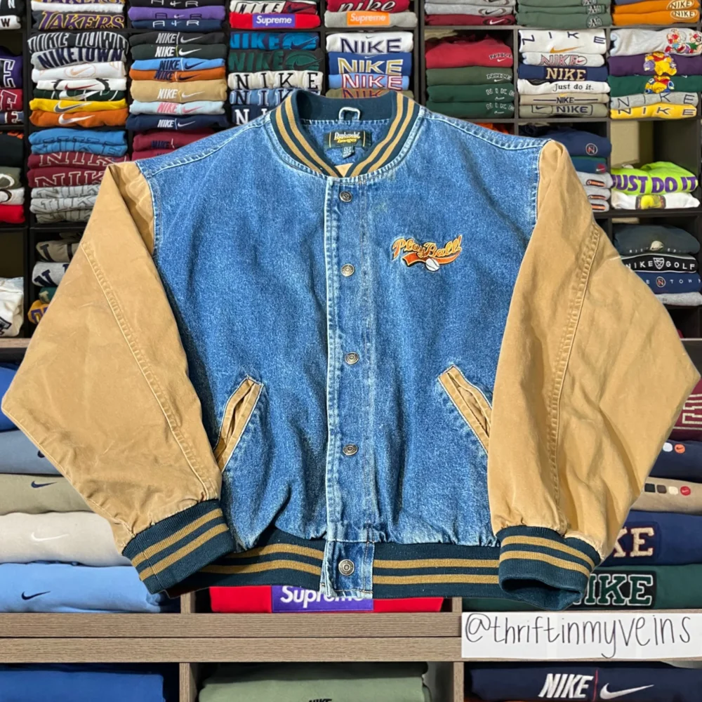 90s baseball denim varsity jacket