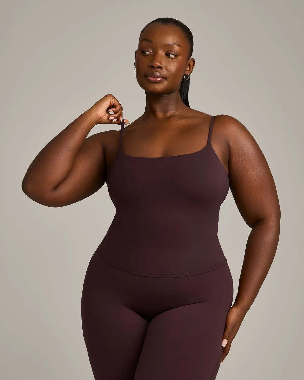 SoftMotion™ Strappy Mid Tank Top with Built in Bra Shelf with Gray Logo | Plum Brown