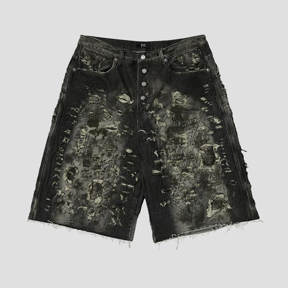 HARD WASHED DESTROYED DENIM SHORTS