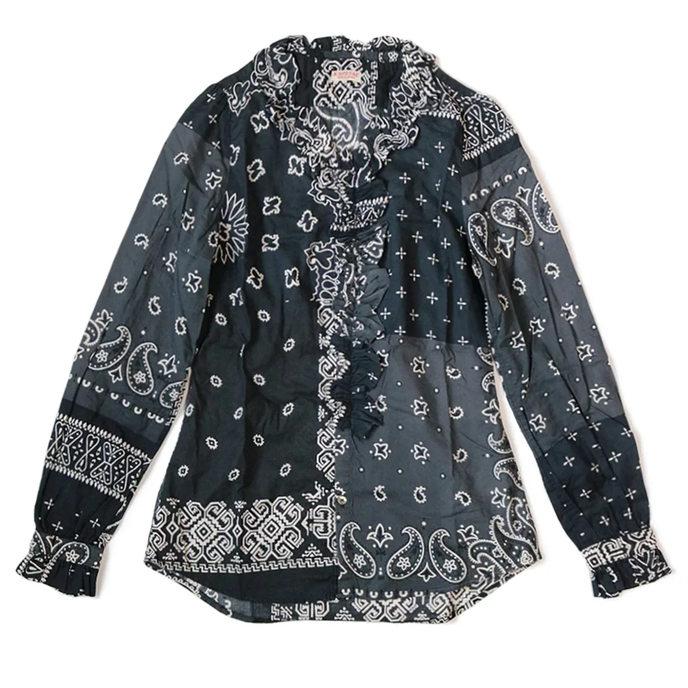 GAUZE BANDANA PATCHWORK V-NECK FRILL SHIRT - BLACK