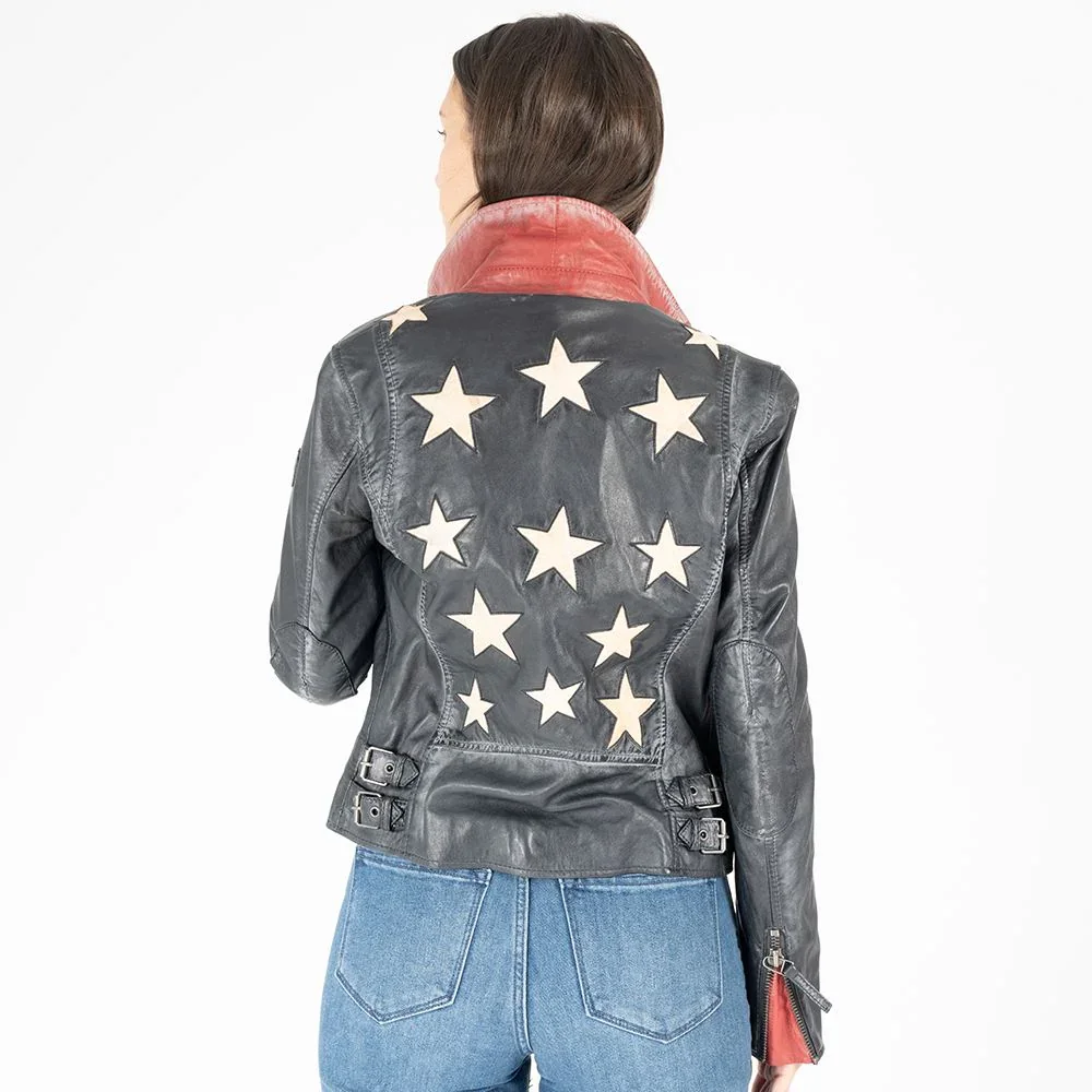 Christy RF Star Detail Leather Jacket, Navy