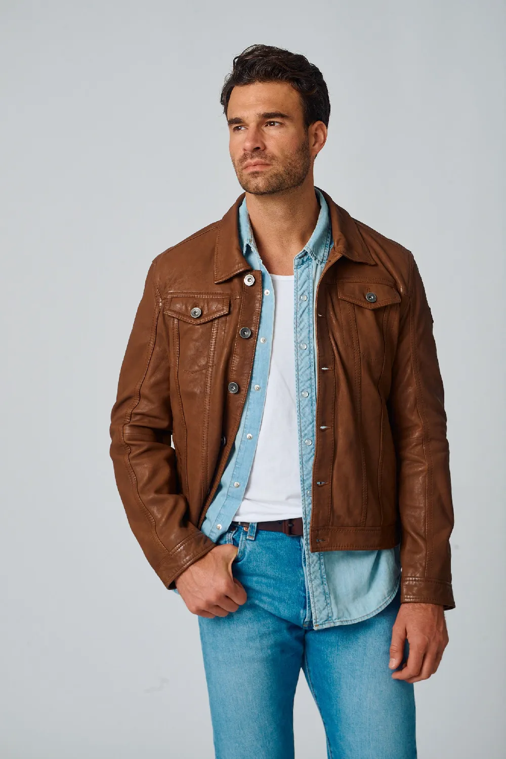 Geoff UF Leather Jacket, Dark Camel