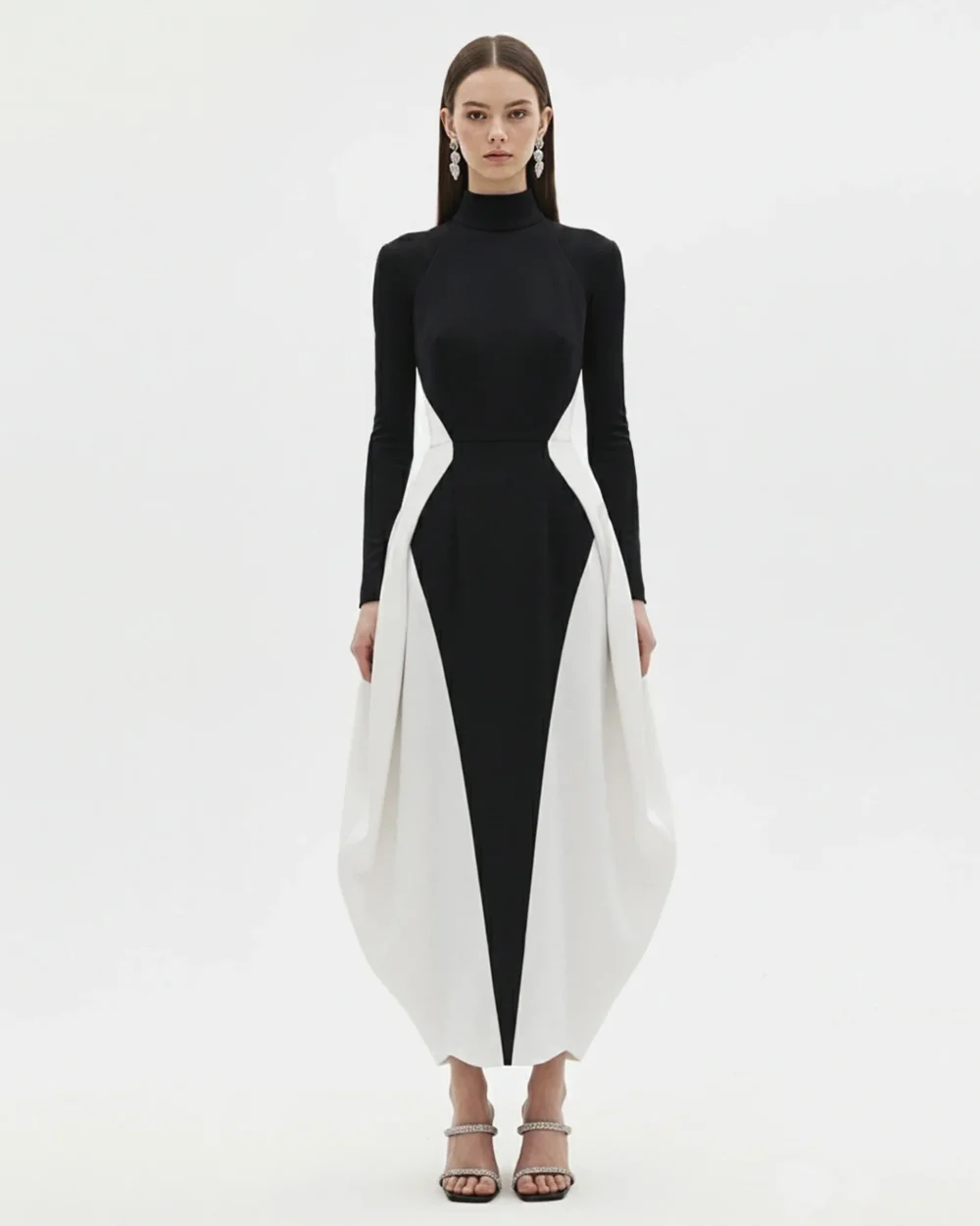 Monochrome Paneled Long-Sleeve Maxi Dress - Black