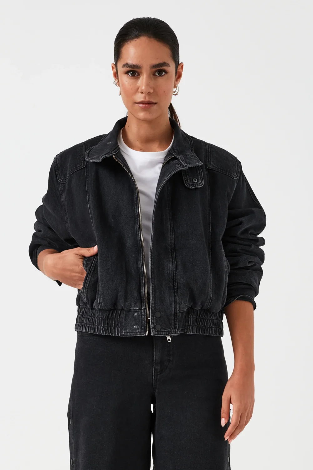 Juno Denim Bomber Jacket in Washed Black