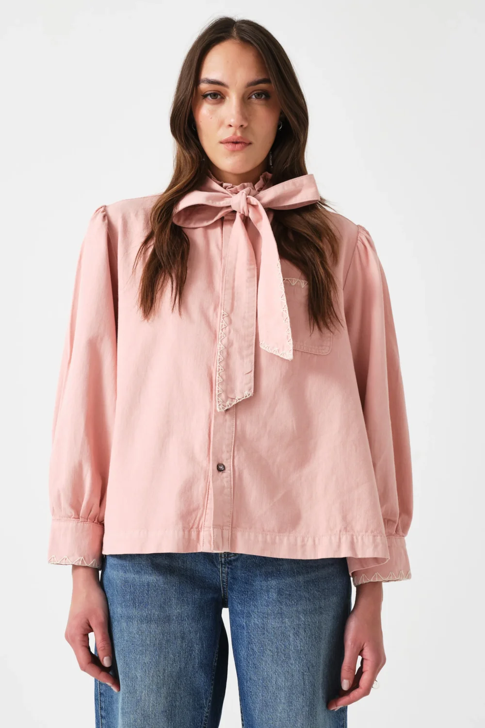 Poet Pussybow Denim Blouse in Peony Pink