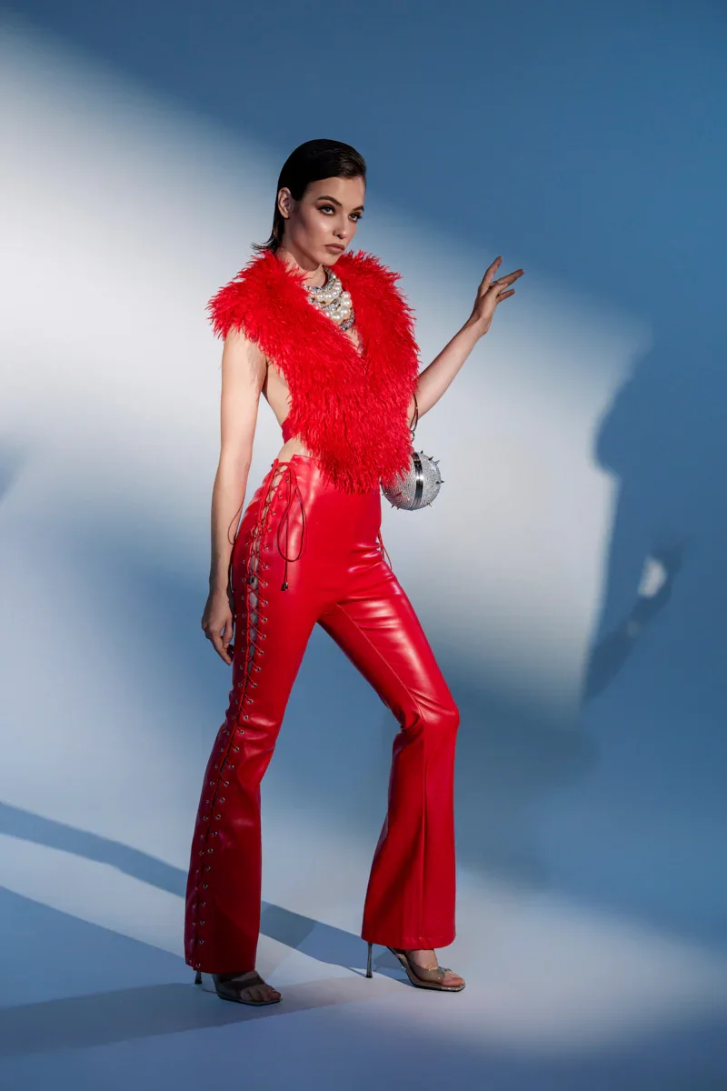 SEXY FAUX LEATHER RED LACE-UP PANTS