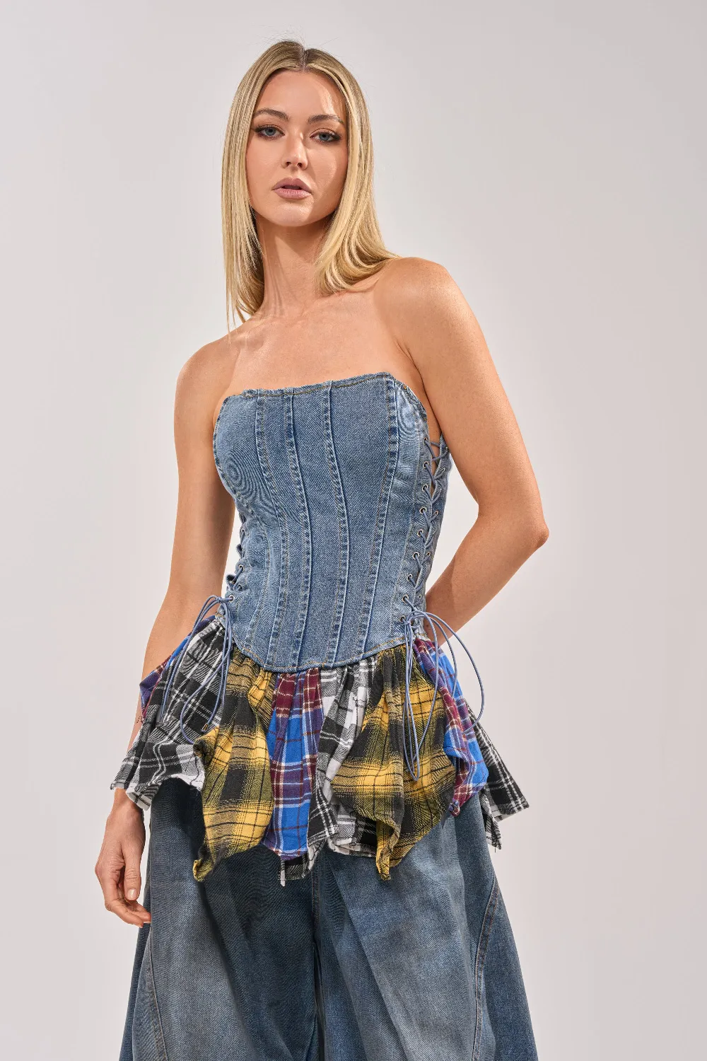 MESS WITH ME PLAID DENIM CORSET