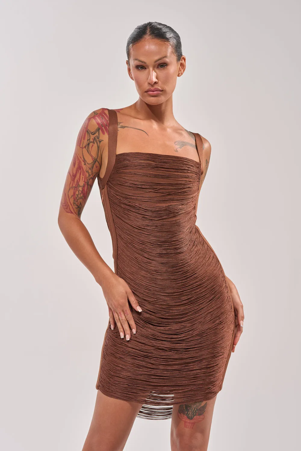 HYPNOTIZE ME FRINGE MINI DRESS IN BROWN