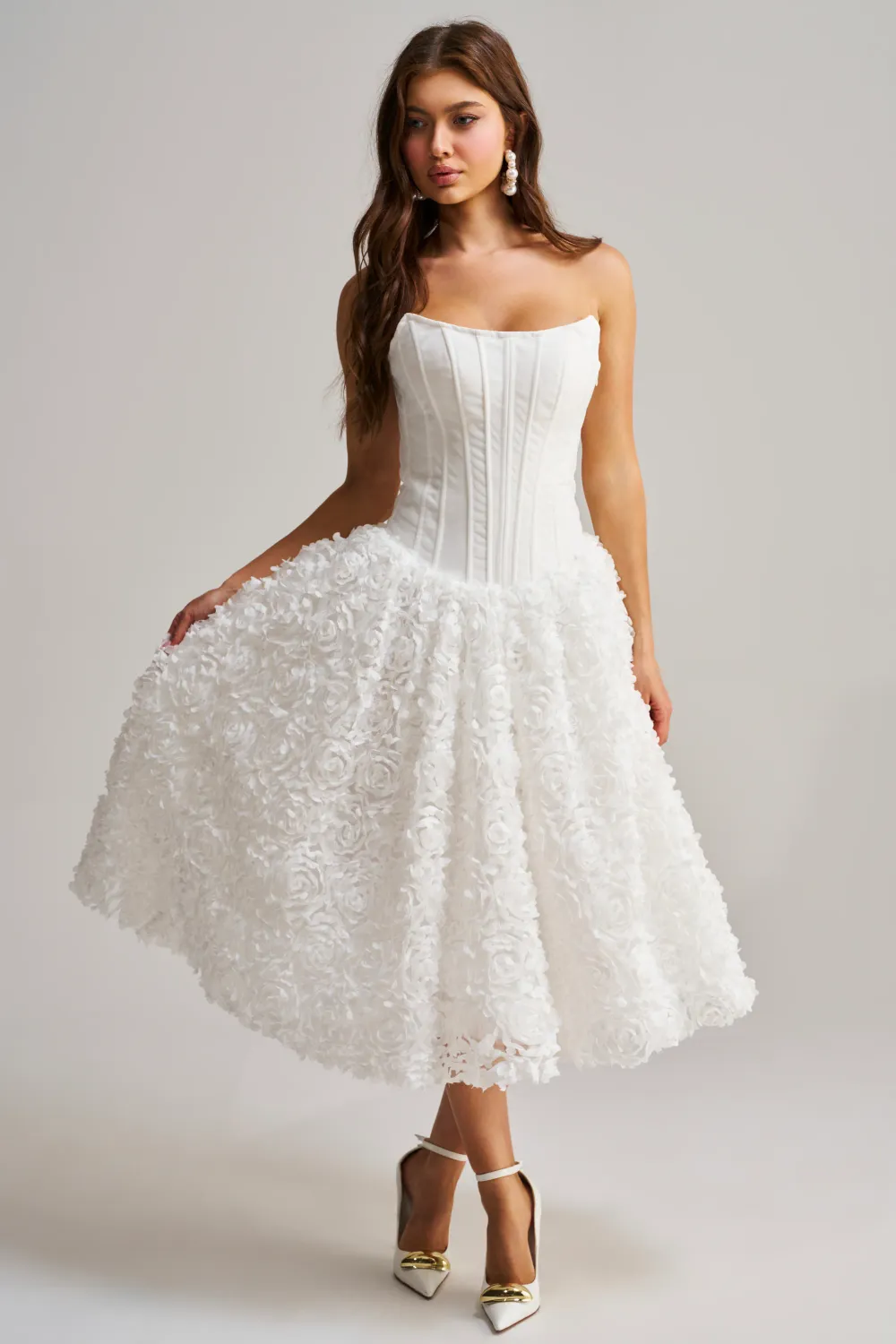 FIND ME LATER FLORAL CORSET MIDI DRESS IN WHITE