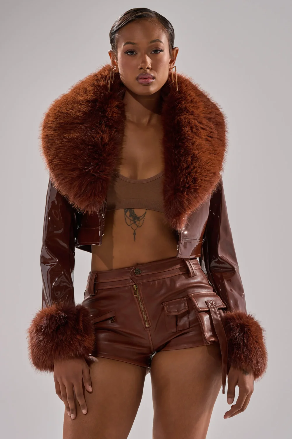 GISELE FUR TRIM MOTO IN PATENT - 4