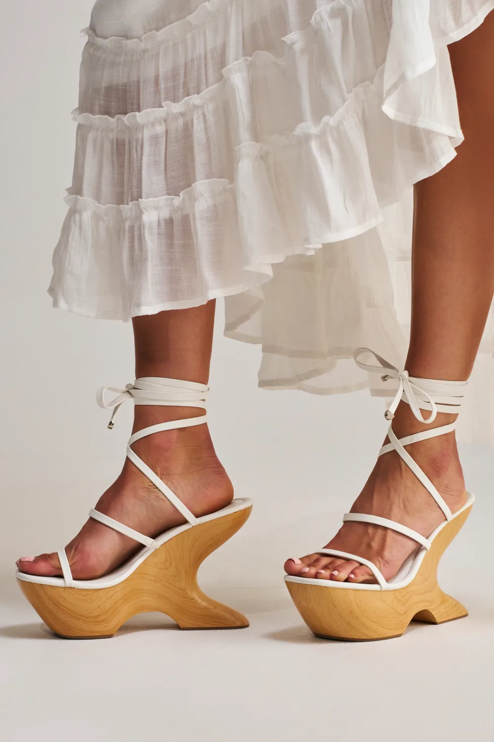 AZALEA WANG ONNI WHITE STRAPPY UPPER WOOD WEDGE