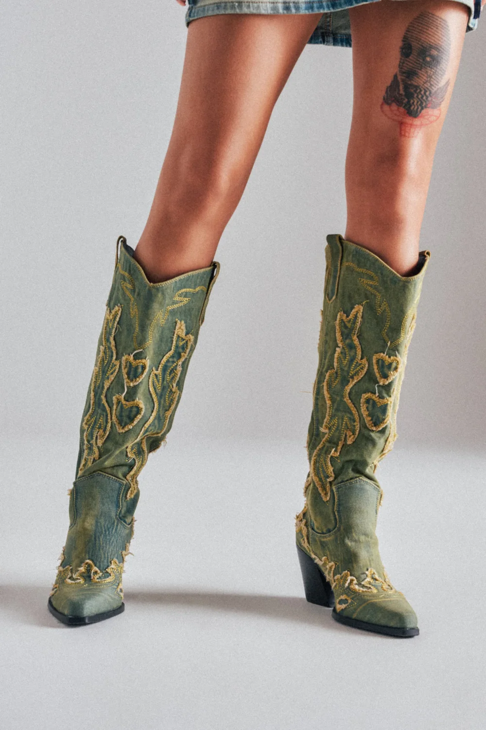 AZALEA WANG HEINRICH DENIM WESTERN LOW HEEL BOOT