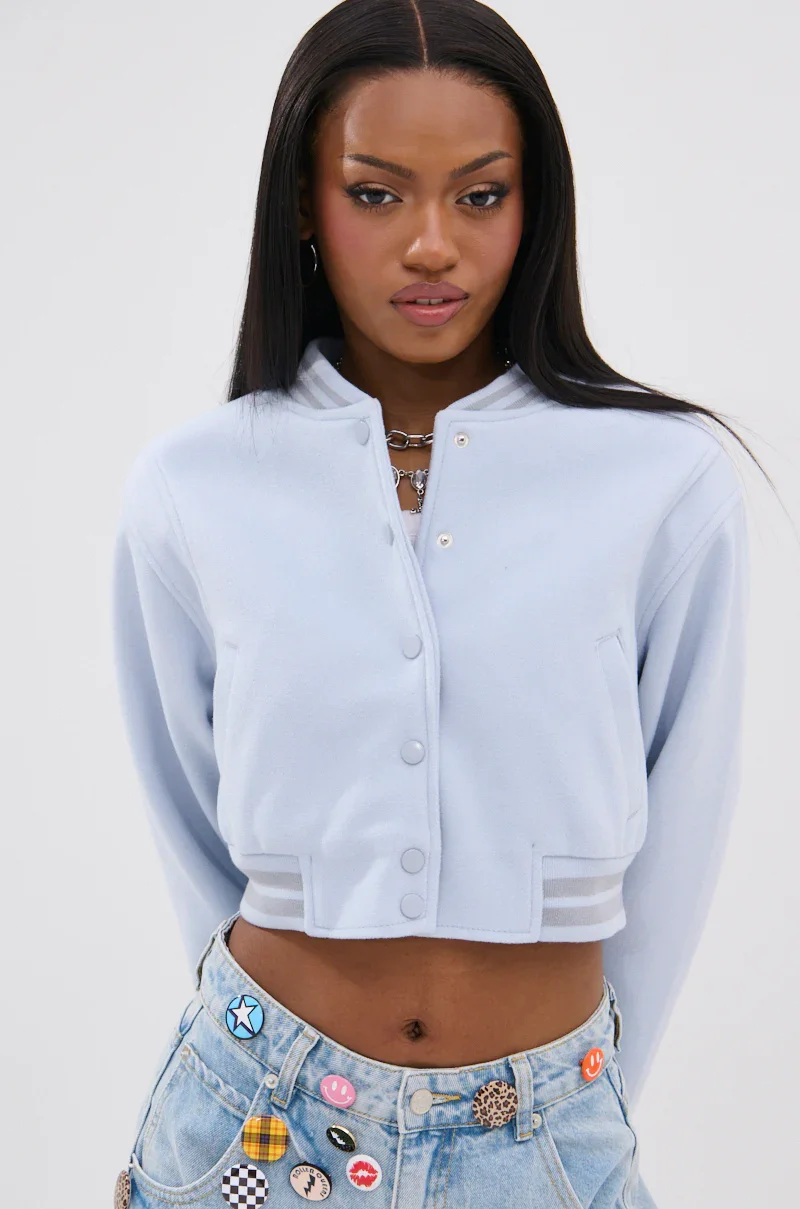 DAVIS EVERYDAY VARSITY BOMBER IN LIGHT BLUE