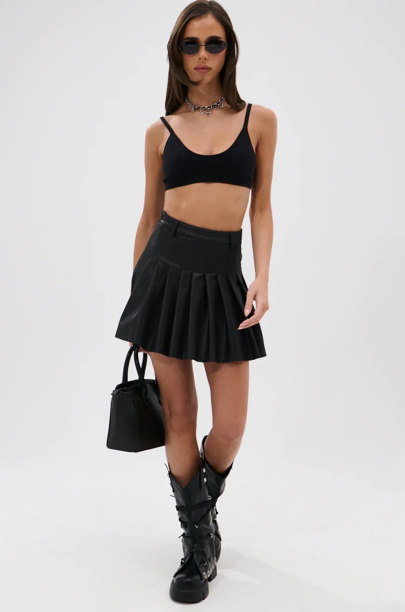 RIO PLEATED FAUX LEATHER MINI SKIRT WITH 4 WAY STRETCH - 3