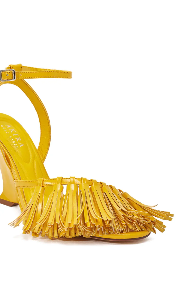 AZALEA WANG PHRIXOS YELLOW WEDGE FRINGE PU SANDAL - 5